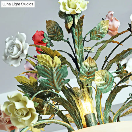 Pastoral Ceramic Flower Chandelier With Opal Glass Shade For Living Room Suspension Lighting