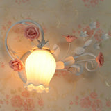 Pastoral Floral Wall Mount Lamp - Yellow/Pink/Blue 1 Head Metal Sconce Light For Bedroom Pink
