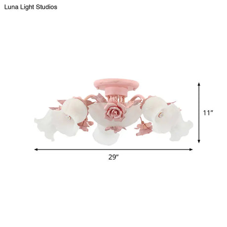 Pastoral Frosted Glass Flush Chandelier: Rose Blossom 7/11 - Head Pink Ceiling Mount Light