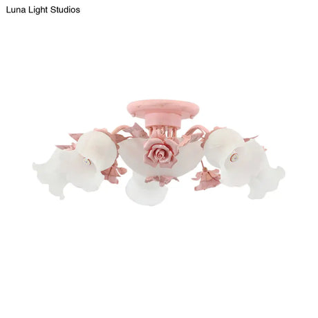 Pastoral Frosted Glass Flush Chandelier: Rose Blossom 7/11 - Head Pink Ceiling Mount Light