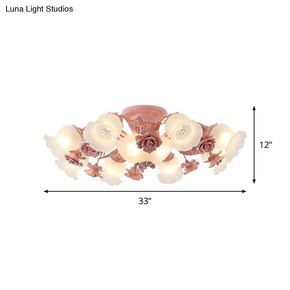 Pastoral Frosted Glass Flush Chandelier: Rose Blossom 7/11 - Head Pink Ceiling Mount Light