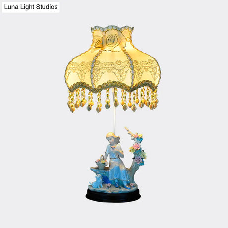 Pastoral Girl Ceramic Bedside Lamp In Beige With Fabric Shade