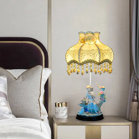 Pastoral Girl Ceramic Bedside Lamp In Beige With Fabric Shade