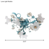 Pastoral Style Blue Semi Flush Ceiling Light With Frost White Glass - Perfect For Bedroom Lighting