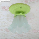 Pastoral Style Floral Flush Ceiling Light - White/Green/Pink Frosted Glass Single Bulb Mounted Lamp