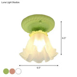 Pastoral Style Floral Flush Ceiling Light - White/Green/Pink Frosted Glass Single Bulb Mounted Lamp