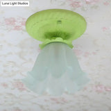 Pastoral Style Floral Flush Ceiling Light - White/Green/Pink Frosted Glass Single Bulb Mounted Lamp