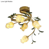 Pastoral Style Tulip Dining Semi - Flush Brass Ceiling Lamp With 5 Led Bulbs
