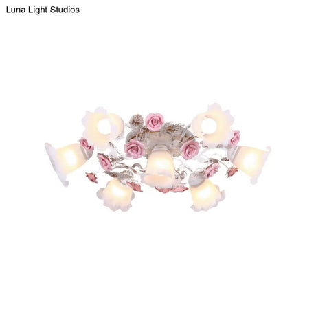 Pastoral White Glass Ceiling Light With Sputnik Design - 4/6/7 - Bulb Semi Mount For Bedroom