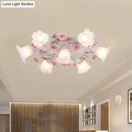 Pastoral White Glass Ceiling Light With Sputnik Design - 4/6/7 - Bulb Semi Mount For Bedroom