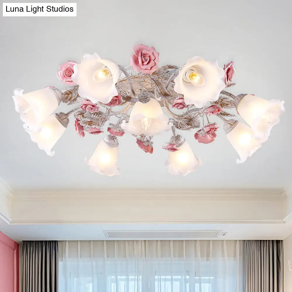Pastoral White Glass Ceiling Light With Sputnik Design - 4/6/7 - Bulb Semi Mount For Bedroom