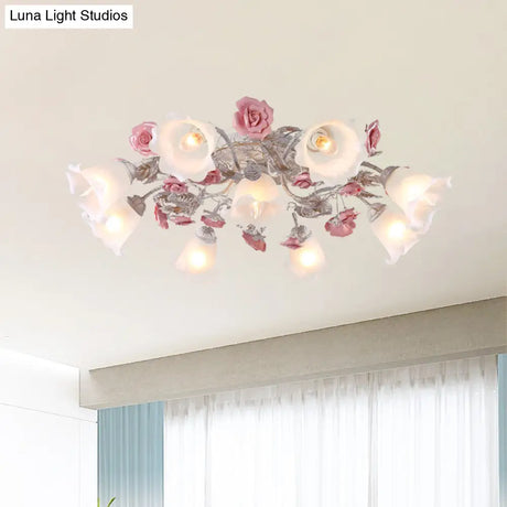 Pastoral White Glass Ceiling Light With Sputnik Design - 4/6/7 - Bulb Semi Mount For Bedroom