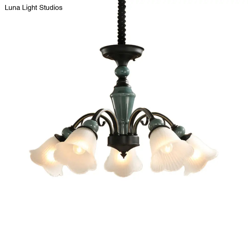 Peacock Green Rustic Ribbed Frosted Glass Chandelier - 5/6/8 Bulbs Drop Lamp With Flower Blossom