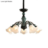 Peacock Green Rustic Ribbed Frosted Glass Chandelier - 5/6/8 Bulbs Drop Lamp With Flower Blossom