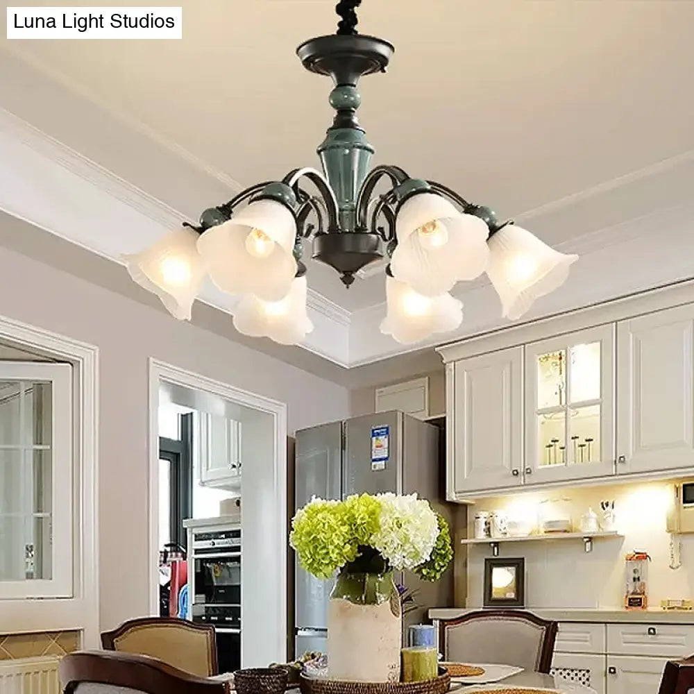 Peacock Green Rustic Ribbed Frosted Glass Chandelier - 5/6/8 Bulbs Drop Lamp With Flower Blossom