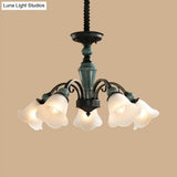 Peacock Green Rustic Ribbed Frosted Glass Chandelier - 5/6/8 Bulbs Drop Lamp With Flower Blossom
