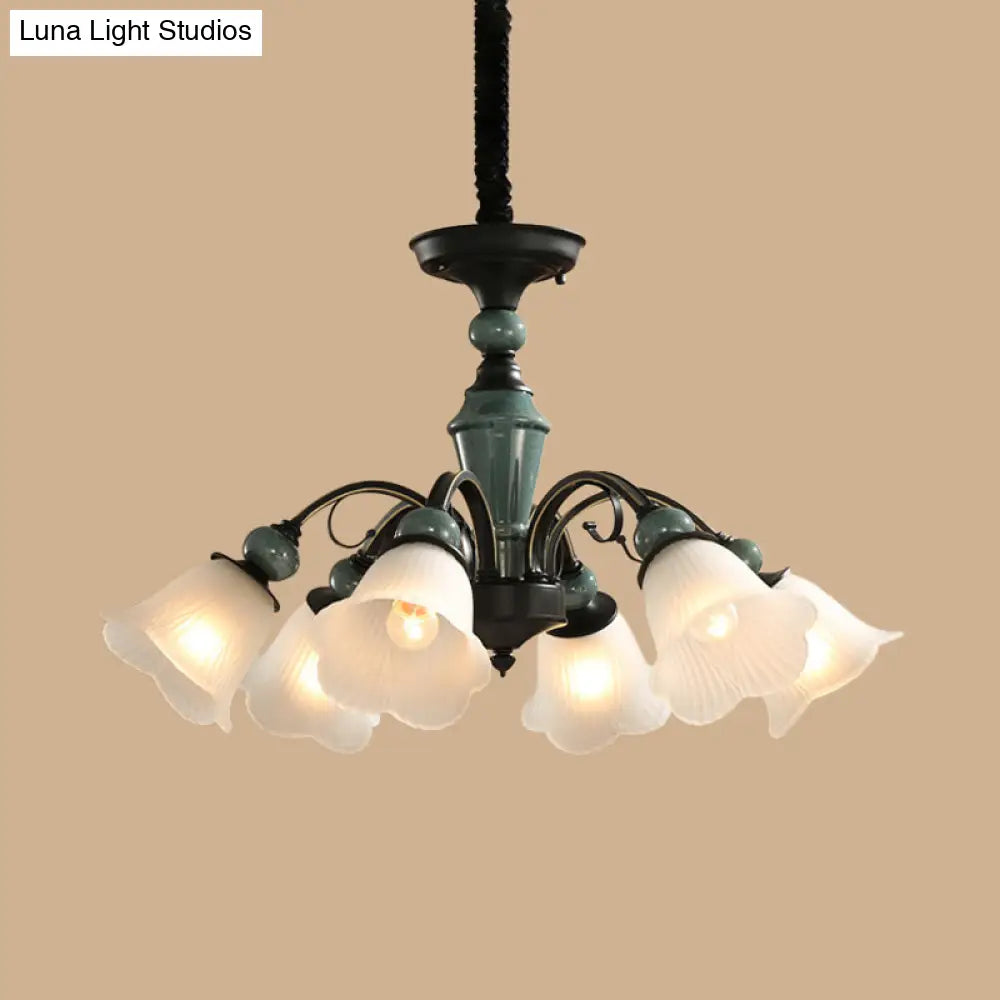 Peacock Green Rustic Ribbed Frosted Glass Chandelier - 5/6/8 Bulbs Drop Lamp With Flower Blossom