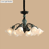 Peacock Green Rustic Ribbed Frosted Glass Chandelier - 5/6/8 Bulbs Drop Lamp With Flower Blossom