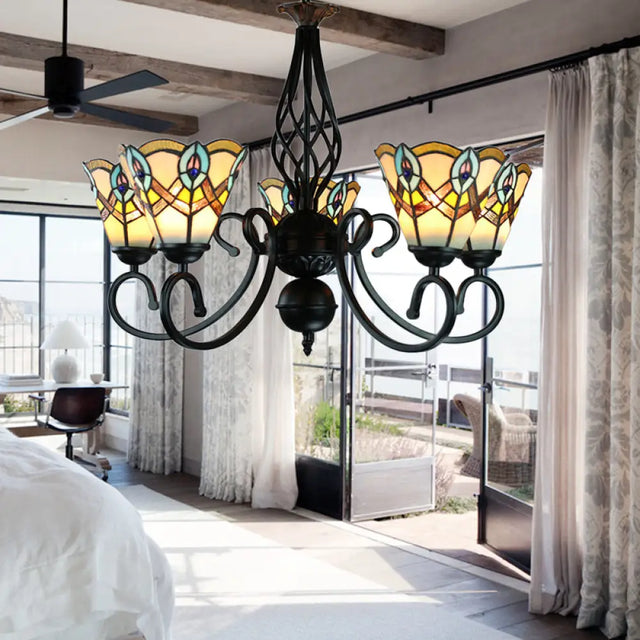 Peacock Stained Glass Chandelier: 5-Light Cone Pendant For Bedroom Yellow
