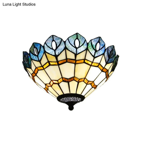 Peacock Stained Glass Flush Ceiling Light With Rustic Charm - 2 Lights For Living Room
