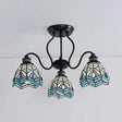 Peacock Stained Glass Semi Flush Light With 3 Lights – Traditional Bowl Style Blue