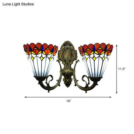 Peacock Stained Glass Tiffany Wall Sconce Light With Conical Mount - Set Of 2