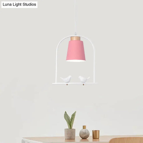 Pendulum Macaron Light Kit: Iron Bucket Lamp With Arch Frame & Bird Decor Grey/Yellow/Pink 1 Head