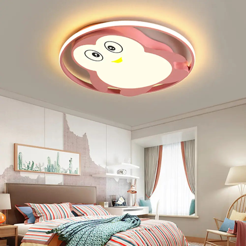 Penguin Bedroom Led Ceiling Fixture - Blue/Pink Cartoon Flush Mount Pink