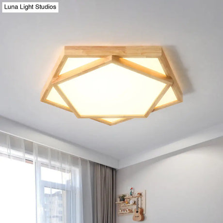 Pentagon Flush Mount Wood Led Ceiling Light In Beige - Available 3 Sizes And 2 Tones