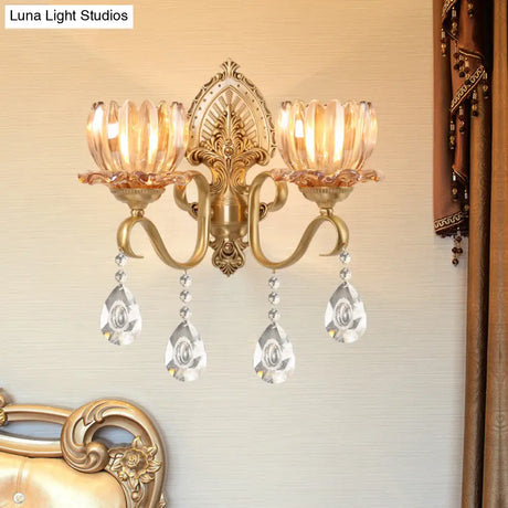 Petal Wall Mount Amber Glass Bedroom Lighting With Crystal Deco - Modern Design In Brass
