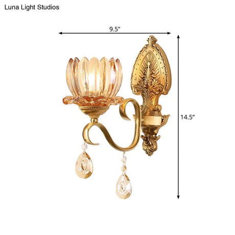 Petal Wall Mount Amber Glass Bedroom Lighting With Crystal Deco - Modern Design In Brass