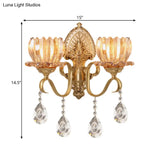 Petal Wall Mount Amber Glass Bedroom Lighting With Crystal Deco - Modern Design In Brass
