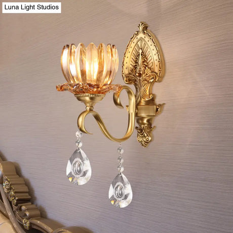 Petal Wall Mount Amber Glass Bedroom Lighting With Crystal Deco - Modern Design In Brass