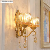 Petal Wall Mount Amber Glass Bedroom Lighting With Crystal Deco - Modern Design In Brass