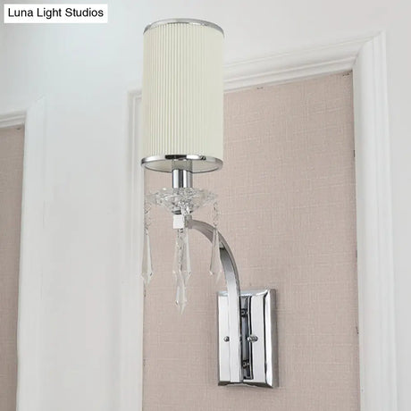 Pillar Wall Mounted Sconce Light In Chrome With Ribbed Fabric Shade - Ideal For Living Room