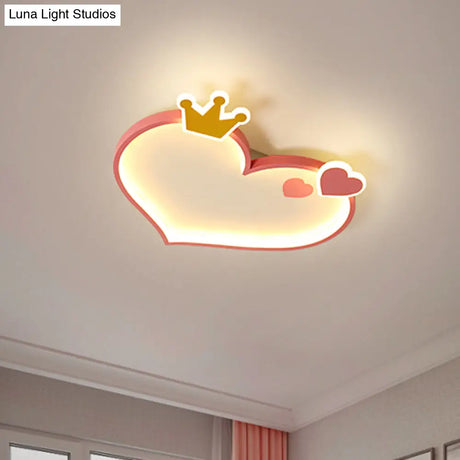 Pink Cartoon Led Flush Mount Ceiling Light With Crown Decor - Metallic Heart Design