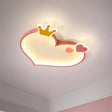 Pink Cartoon Led Flush Mount Ceiling Light With Crown Decor - Metallic Heart Design