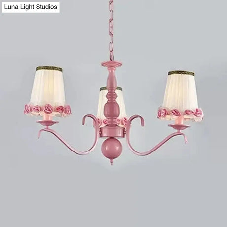 Pink Flower Chandelier: Fabric Tapered Shade Kids Hanging Light For Girls Bedroom