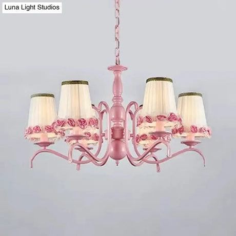 Pink Flower Chandelier: Fabric Tapered Shade Kids Hanging Light For Girls Bedroom