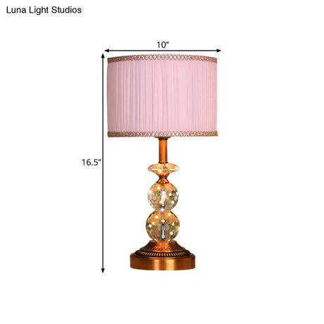 Pink Pleated Fabric Nightstand Lamp With Crystal Orbs: Traditional Design In Pink/White/Coffee Shade