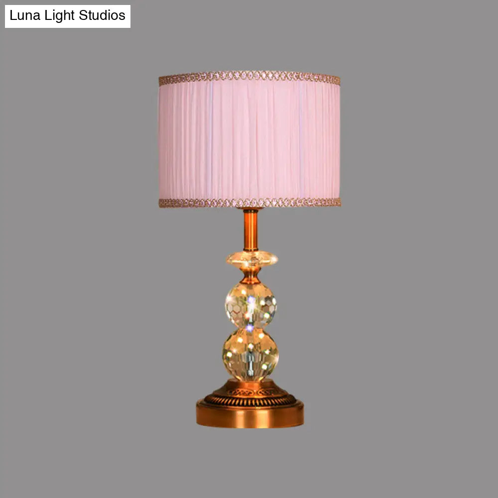 Pink Pleated Fabric Nightstand Lamp With Crystal Orbs: Traditional Design In Pink/White/Coffee Shade