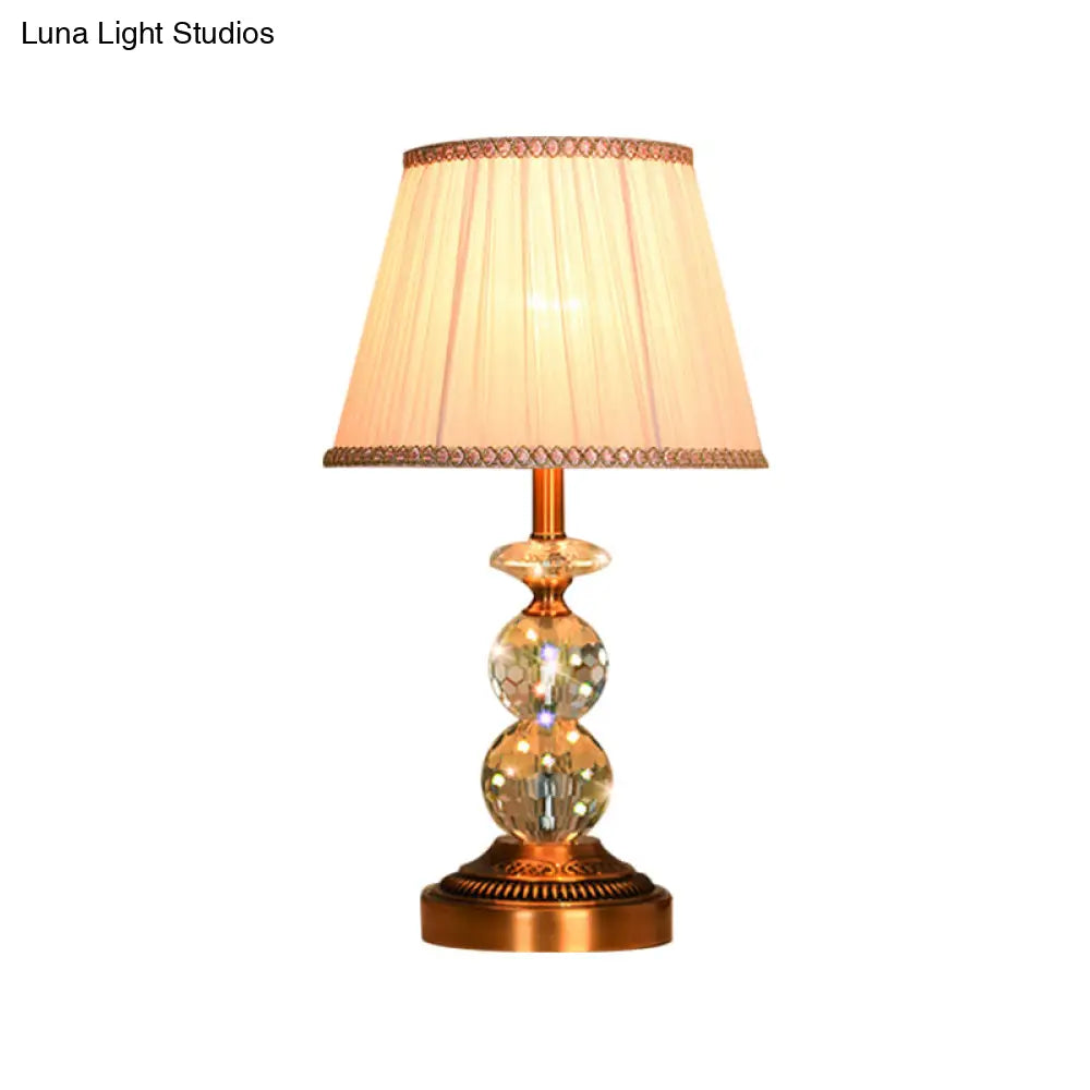 Pink Pleated Fabric Nightstand Lamp With Crystal Orbs: Traditional Design In Pink/White/Coffee Shade