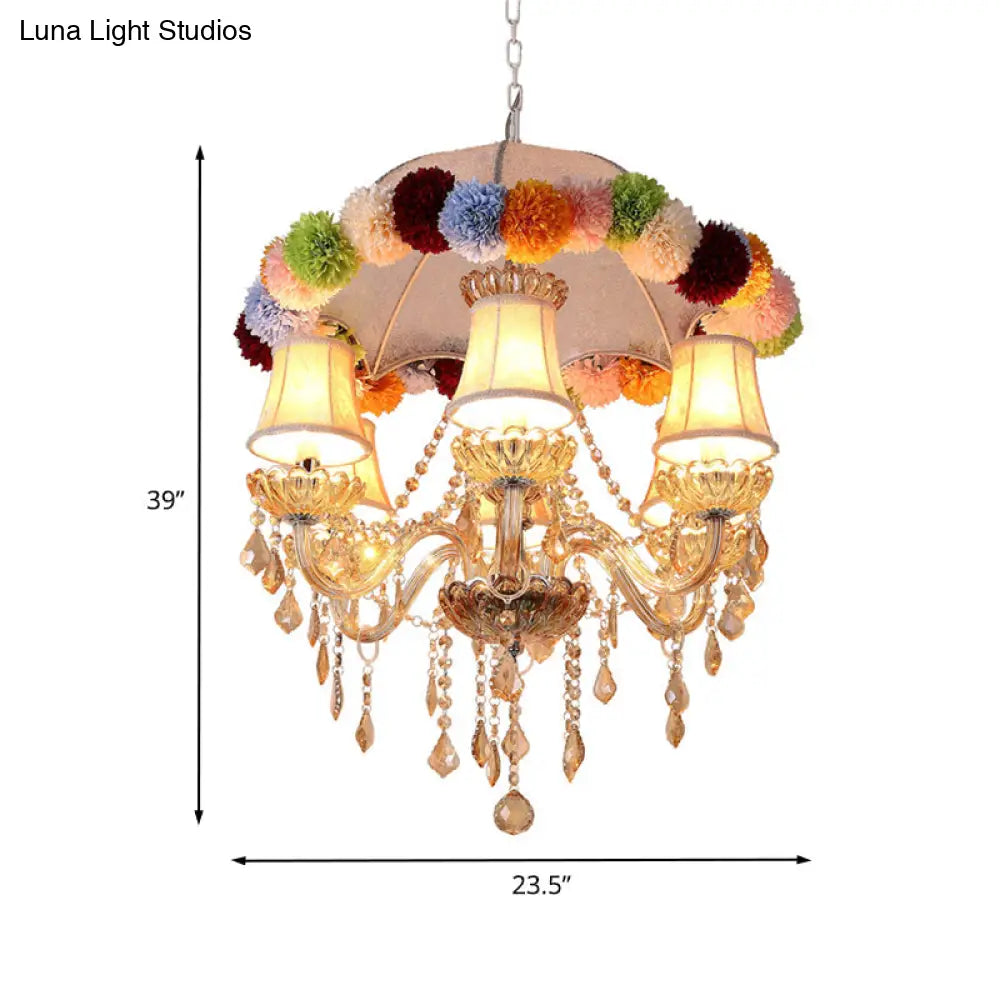 Pink Retro 6-Bulb Fabric Chandelier With Crystal Accents And Floral Ball Ornament
