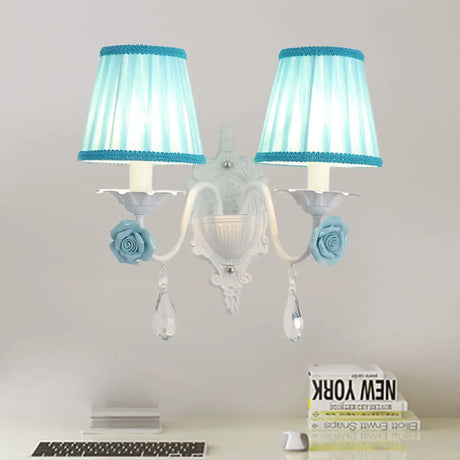 Pleated Fabric Wall Sconce: Pastoral Pink/Blue Bedside Light With Rose Decor 2 / Blue