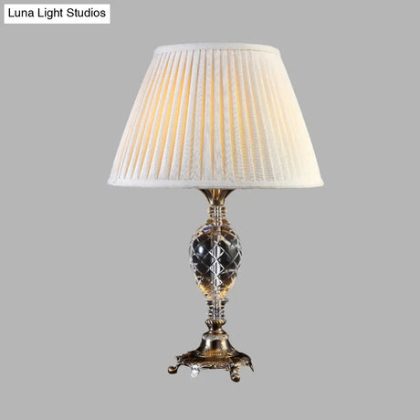 Pleated Shade Crystal Table Lamp For Bedroom Nightstand - Single Bulb Beige Countryside Collection
