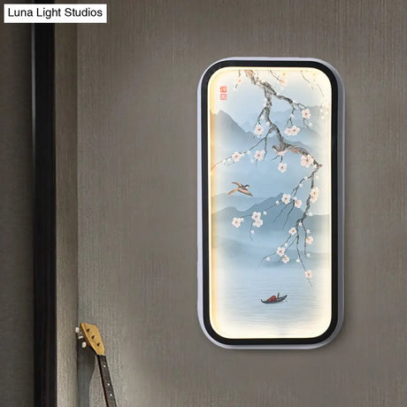 Plum Blossom Led Wall Sconce Lighting In Blue: Asian-Inspired Light Fabric For Living Room Mural