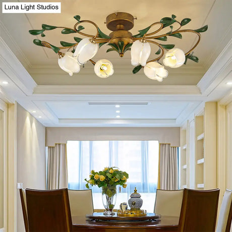 Pomegranate Flower Flushmount Glass Ceiling Light - 6 - Head Semi Flush Mount For Dining Room