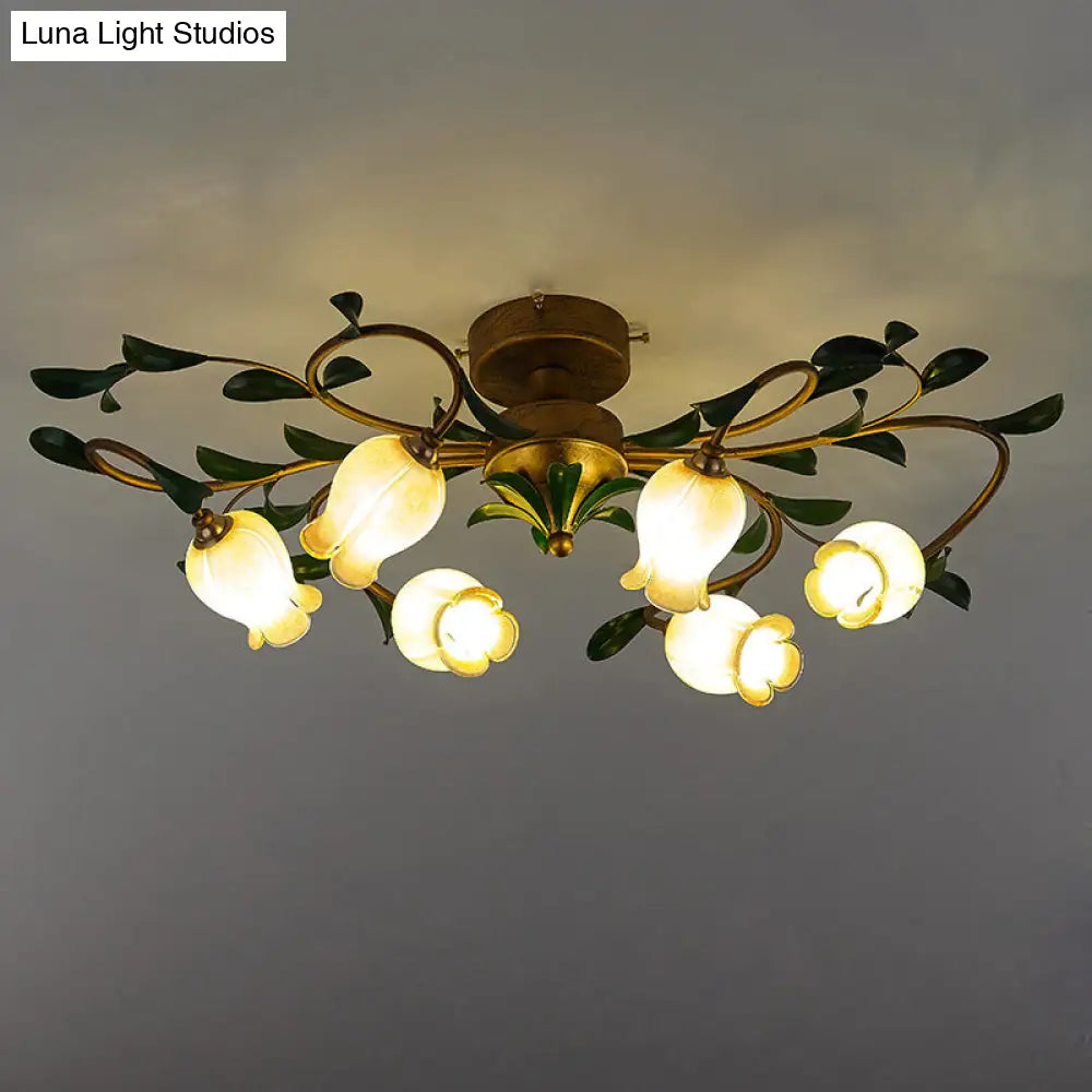 Pomegranate Flower Flushmount Glass Ceiling Light - 6 - Head Semi Flush Mount For Dining Room