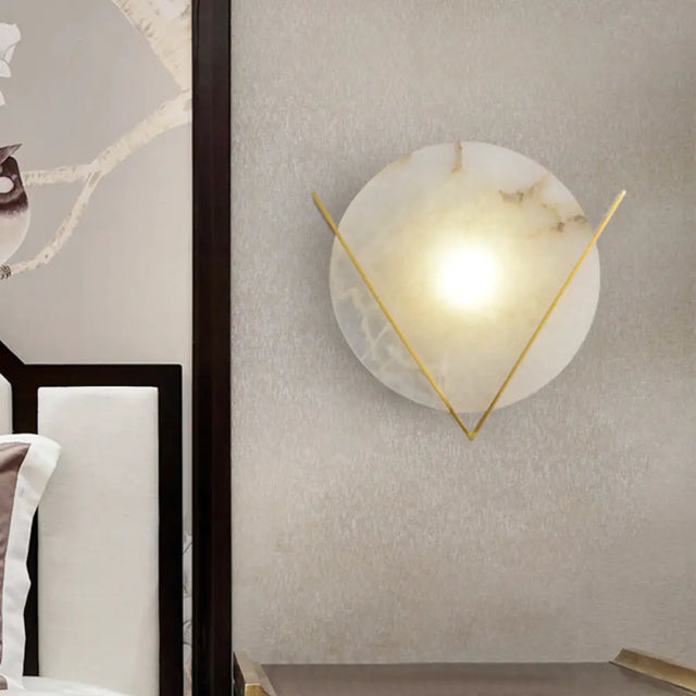 Post-Modern Round Panel Wall Light Sconce - Marble Bedside Lamp Fixture With Brass V Deco