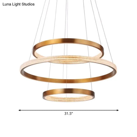 Postmodern Aluminum Led Chandelier With Gold Finish - 2/3 Tiered Hoop Pendant Light